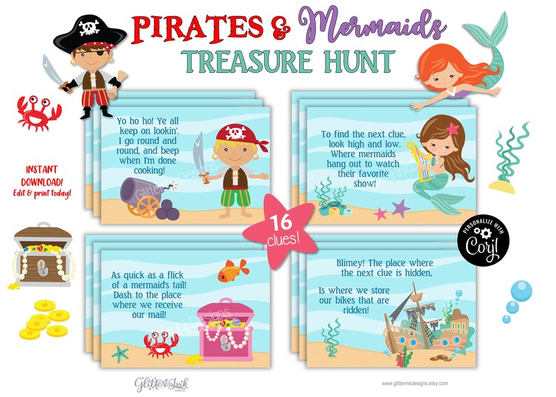 Mermaid and pirate treasure hunt / Mermaid party scavenger hunt clue cards / Pirate party treasure chest hunt clues / Party games for kids image 2