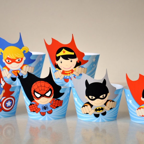 Super Hero party printable cupcake wrappers and flash cupcake toppers / Superheroes party favors / Flying superhero party decorations