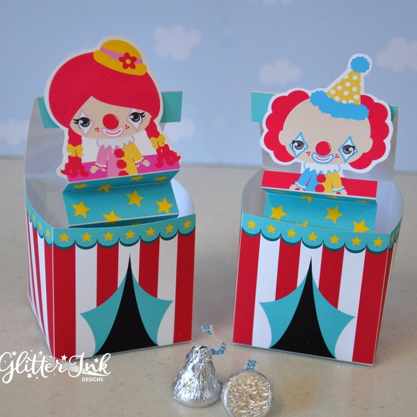 Circus carnival clown Jack in the Box pop up favor box PDF printable circus big top tent toy for birthday or baby shower with boy girl clown