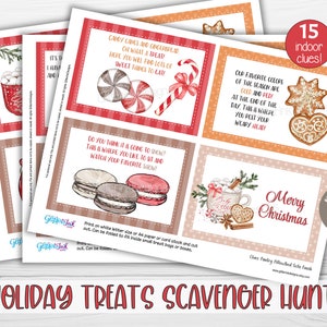 Pode incluir: Um conjunto de 15 pistas imprim&iacute;veis para uma ca&ccedil;a ao tesouro de guloseimas de Natal. As pistas s&atilde;o ilustradas com imagens de aquarela de bengalas de doces, biscoitos de gengibre, chocolate quente, macarons e outras guloseimas de Natal. O texto nos cart&otilde;es diz "Ca&ccedil;a ao tesouro de guloseimas de Natal" e "Personalize com Cory!"