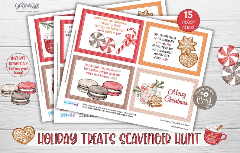 Pode incluir: Um conjunto de 15 pistas imprim&iacute;veis para uma ca&ccedil;a ao tesouro de guloseimas de Natal. As pistas s&atilde;o ilustradas com imagens de aquarela de bengalas de doces, biscoitos de gengibre, chocolate quente, macarons e outras guloseimas de Natal. O texto nos cart&otilde;es diz "Ca&ccedil;a ao tesouro de guloseimas de Natal" e "Personalize com Cory!"