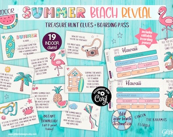 Beach surprise trip reveal scavenger hunt & printable tickets / Summer family vacation kids treasure hunt clues and editable boarding pass