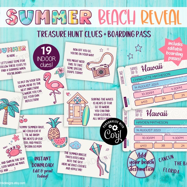 Beach surprise trip reveal scavenger hunt & printable tickets / Summer family vacation kids treasure hunt clues and editable boarding pass