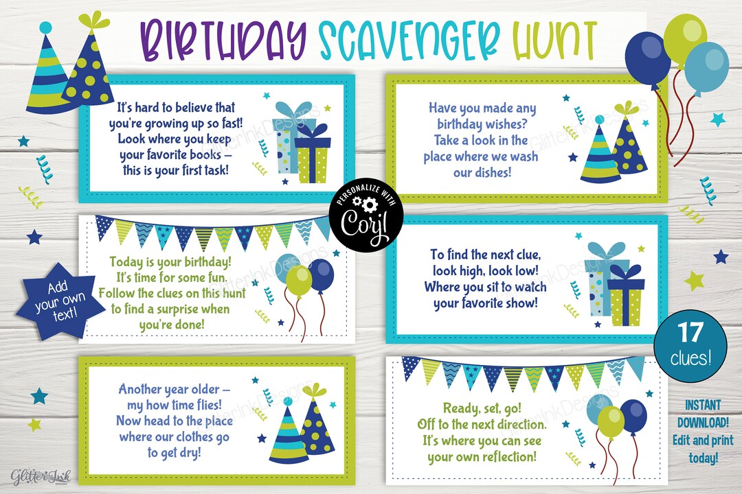 Birthday Scavenger Hunt for Kids / Birthday Party Treasure Hunt Clues ...