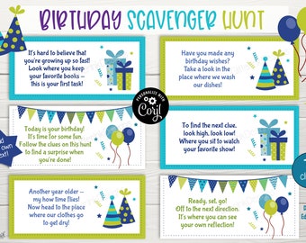 Birthday scavenger hunt for kids / Birthday party treasure hunt clues / Printable birthday party game - outdoor indoor / Editable clue cards