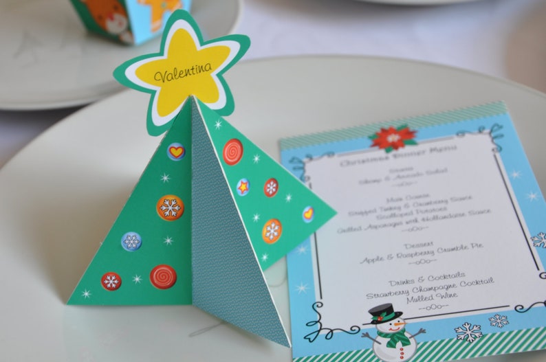 Christmas decorations / Christmas table setting / Christmas dinner table menu place card / Christmas tree, snowman, reindeer, gingerbread image 3