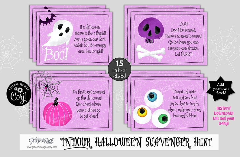 May include: A set of 15 printable Halloween scavenger hunt clue cards with pink and purple backgrounds. The cards feature various Halloween-themed illustrations, such as a ghost, a skull, and eyeballs. The text on the cards includes phrases like "It's Halloween!" and "Double, double, toil and trouble!"