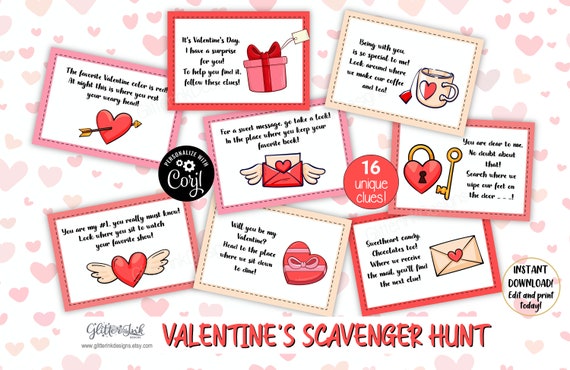 Valentine's Day scavenger hunt clue cards / Valentines Day treasure hunt clues / Valentines games Il_570xn