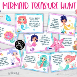 Cartes-indices de chasse au trésor d'anniversaire de sirène sous la mer, Indices de chasse au trésor imprimables pour le jeu de fête d'anniversaire d'enfants