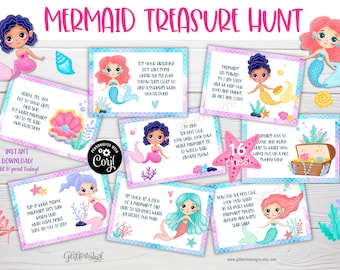 Under the Sea Mermaid Geburtstags-Schnitzeljagd Hinweis Karten, Printable Schatzsuche Hinweise für Kinder Geburtstags-Party-Spiel