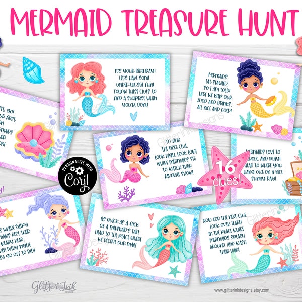 Mermaid scavenger hunt clue cards / Mermaid kids treasure hunt clues / Printable mermaid party game / Under the sea birthday party activity