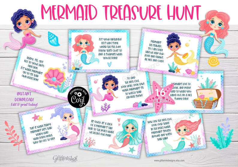 May include: A set of 16 colorful mermaid-themed treasure hunt clue cards with illustrations of mermaids and seashells. The cards have a pink, blue, and purple gradient background with a white border. The text on the cards reads "Mermaid Treasure Hunt" and includes instructions for a treasure hunt game.