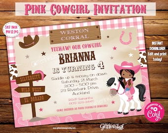 Pink cowgirl party printable invitation / Wild west cowboy party invitation / Western party cowgirl invitation pink gingham dark skin
