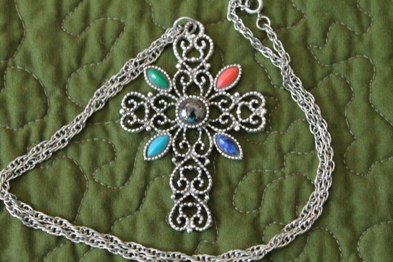 Avon Silver Tone Cross with Red Green Turquoise B… - image 3