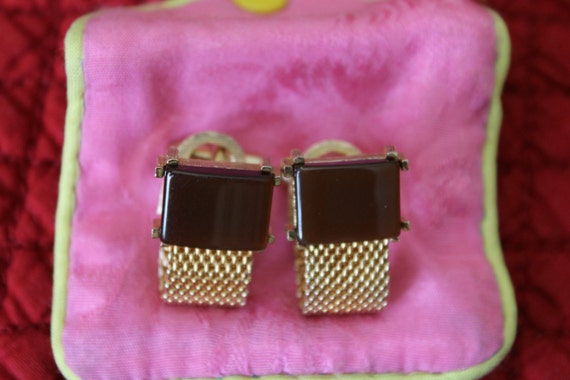 Swank Caramel and Gold Cat's Eye Cufflinks and Ti… - image 3