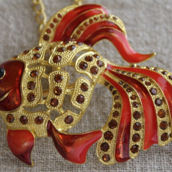Beautiful Red Orange on Gold Rhinestone Studded Fish Brooch Becomes a Necklace, Exotic fish,Birthday gift,Christmas gift, Mother's Day gift