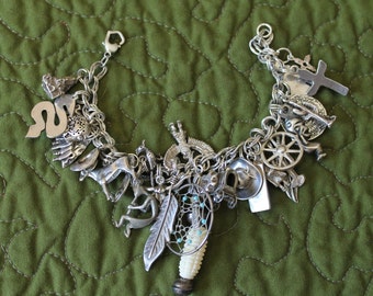 Sterling Silver Charm Bracelet, Southwestern Theme Charms, Native American, Christmas Gift, Birthday Gift, silver, animals, tools