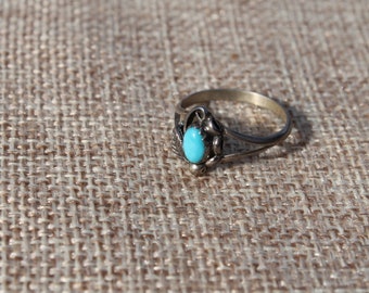 Tiny Turquoise treasure in sterling silver setting. Tiny and dainty with split band. The detail as fine and beautiful as on larger rings.gs