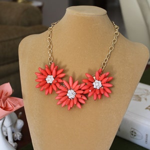 Flower Garden Around Your Neck,  Red Orange Beads Become Petals in Flowers, Seven Rhinestones Make the Center of These 3-D Beaded Flowers