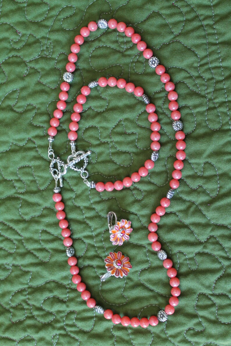 Salmon Color Gemstones With Silver Plated Accents Necklace, Bracelet