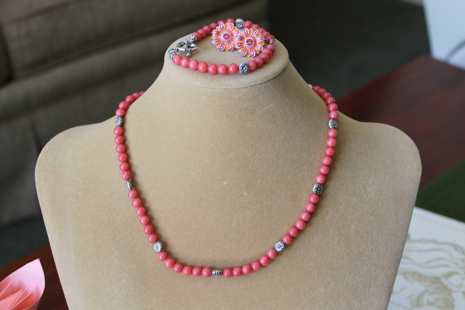 Salmon Color Gemstones With Silver Plated Accents Necklace, Bracelet