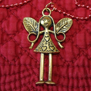Antique Brass Angel, personal guardian angel, necklace angel, angel on red ball chain, Birthday gift,Christmas gift, Friend or teacher gift