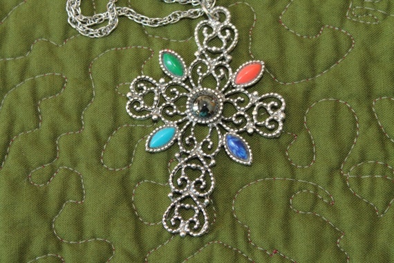 Avon Silver Tone Cross with Red Green Turquoise B… - image 2