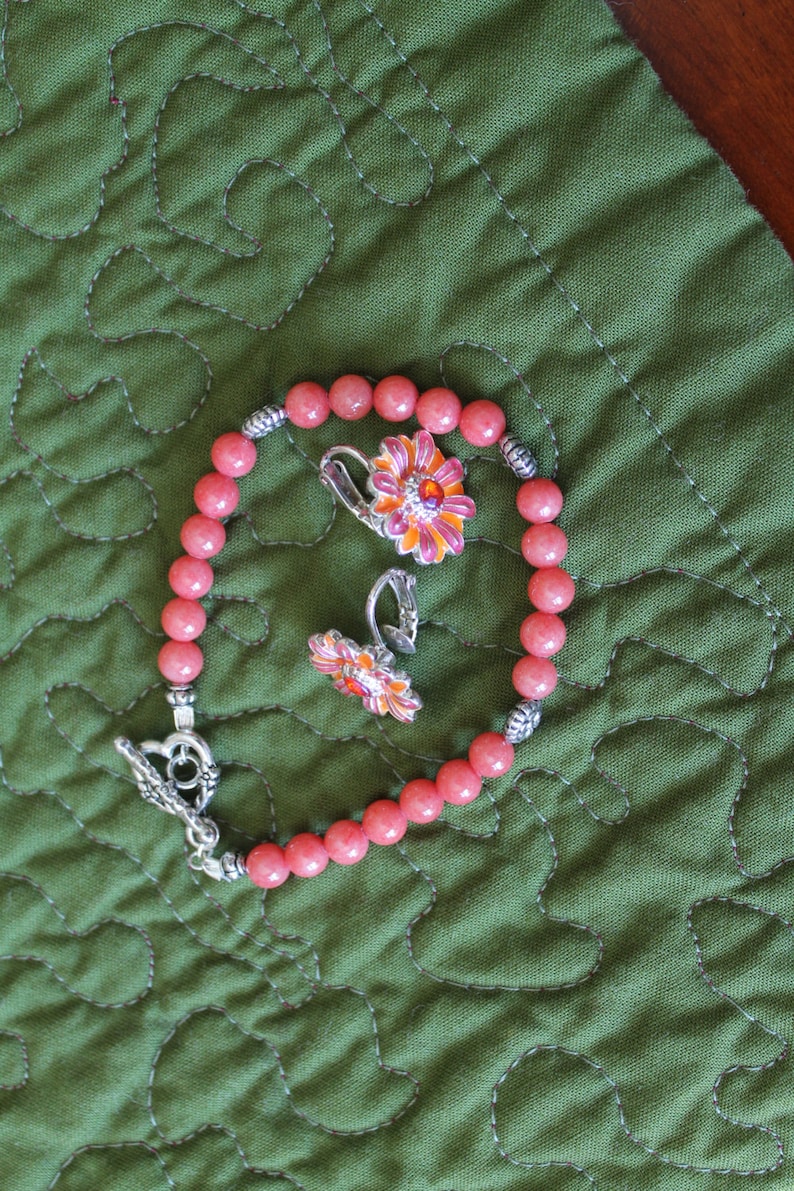 Salmon Color Gemstones With Silver Plated Accents Necklace, Bracelet