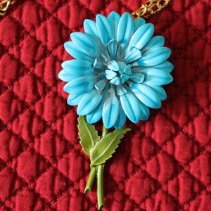Bold Turquoise Flower with Green Stem and Leaves, Lots of turquoise petals, Birthday gift, Christmas gift, Graduation gift, enamel flower,