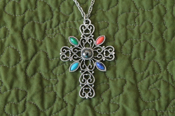 Avon Silver Tone Cross with Red Green Turquoise B… - image 5