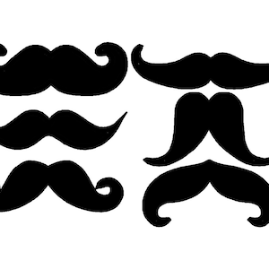 Peut inclure: Cinq formes de moustache noires différentes, chacune avec un style unique. Les moustaches sont isolées sur un fond blanc.
