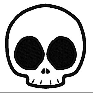 May include: A black and white cartoon skull with large eyes. The skull has a simple design with a rounded head and a small mouth.