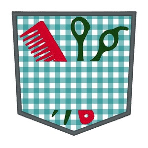 May include: A gray pocket with a blue and white checkered pattern. Inside the pocket are red and green scissors and a red comb.