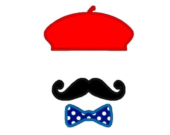 Moustache Mustache Beret Bow Tie APPLIQUE. INSTANT DOWNLOAD Machine Embroidery Design Digitized File