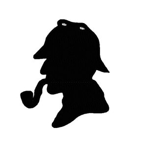 May include: Black silhouette of a person wearing a hat and holding a pipe. The silhouette is reminiscent of the famous fictional detective Sherlock Holmes.