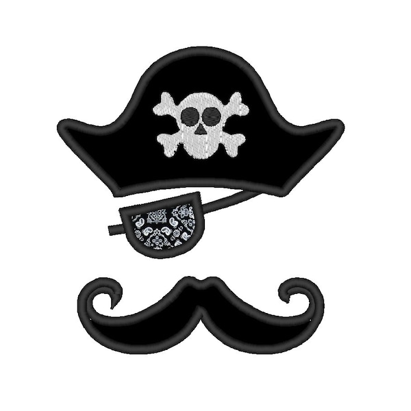 Pirate Hat Patch Mustache Applique . INSTANT DOWNLOAD. Machine Embroidery Design Digitized File 4x4 5x7 6x10