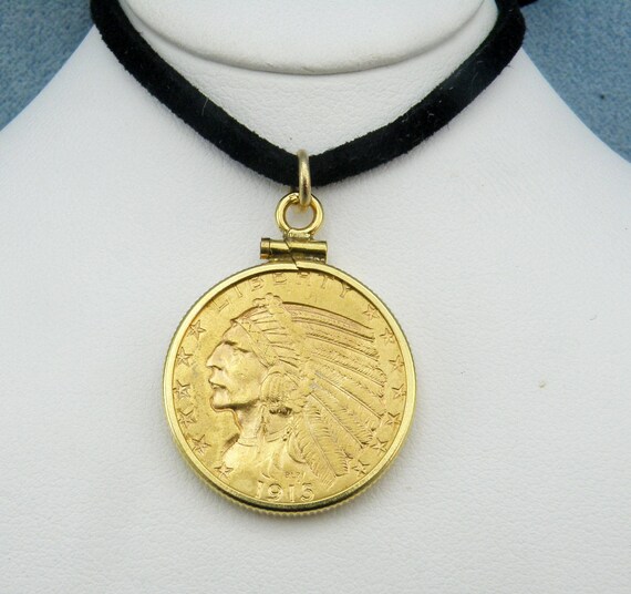 Gold 1915 5dollar Half Eagle Indian Head Gold Coin Pendant 14k Gold Bezel Sku P 1218