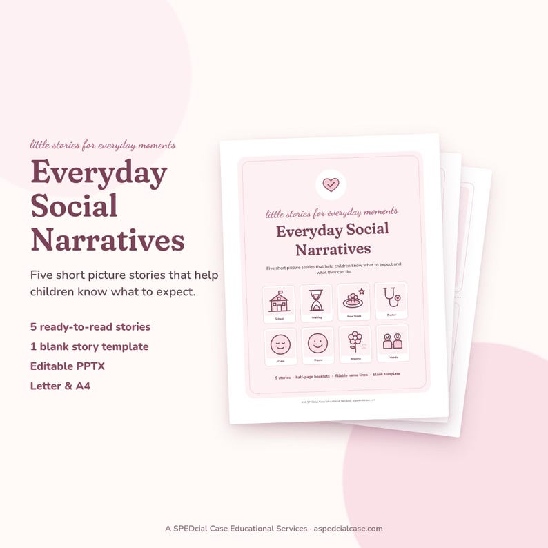 Narrativa social cotidiana para niños, 5 cuadernillos de cuentos ilustrados, Espera, Visita al médico, Grandes emociones, Material imprimible editable, Imágenes sobre autismo imagen 1