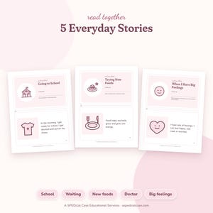 Narrativa social cotidiana para niños, 5 cuadernillos de cuentos ilustrados, Espera, Visita al médico, Grandes emociones, Material imprimible editable, Imágenes sobre autismo imagen 2