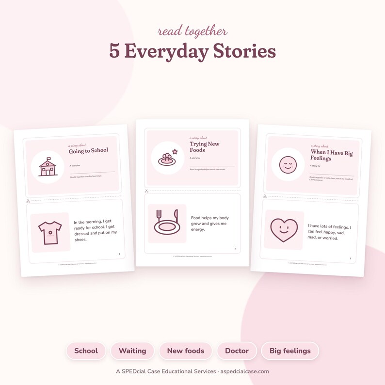 Narrativa social cotidiana para niños, 5 cuadernillos de cuentos ilustrados, Espera, Visita al médico, Grandes emociones, Material imprimible editable, Imágenes sobre autismo imagen 2