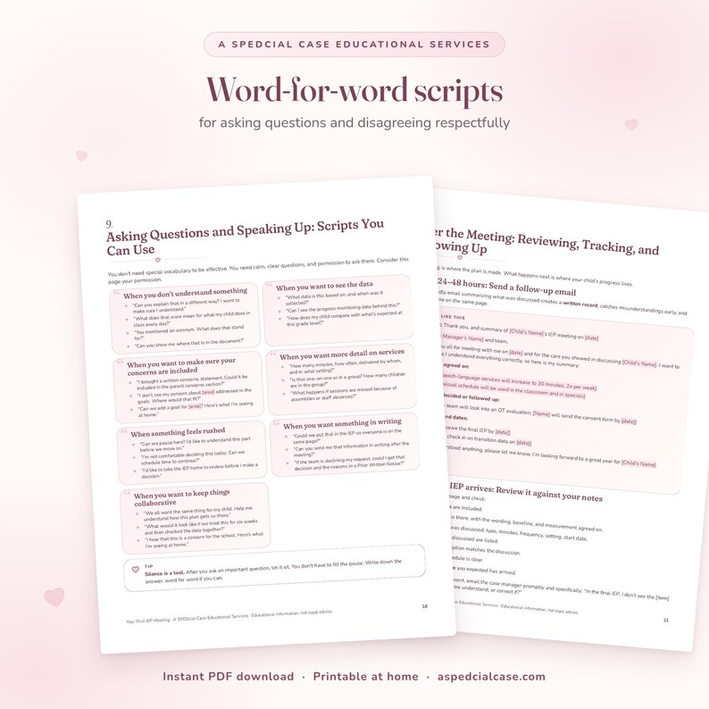 Your First IEP Meeting Parent Guide, Special Education Ebook, Word-for-Word Scripts, Fillable Worksheets, Meeting Checklist, Printable PDF Bild 3