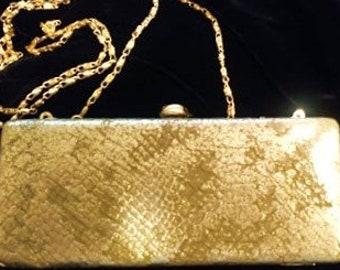 Vintage Upscale Deux Lux Minaudière Evening Clutch w Optional Chain Metallic Gold Faux Snake Skin High-End Hardsider Special Ocassion Purse
