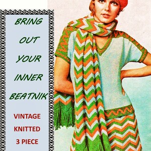 May include: Vintage knitting pattern for a three-piece outfit. The pattern includes instructions for a chevron-patterned skirt, a matching top, and a scarf. The model is wearing a red beret and the outfit is in shades of green, orange, and white.