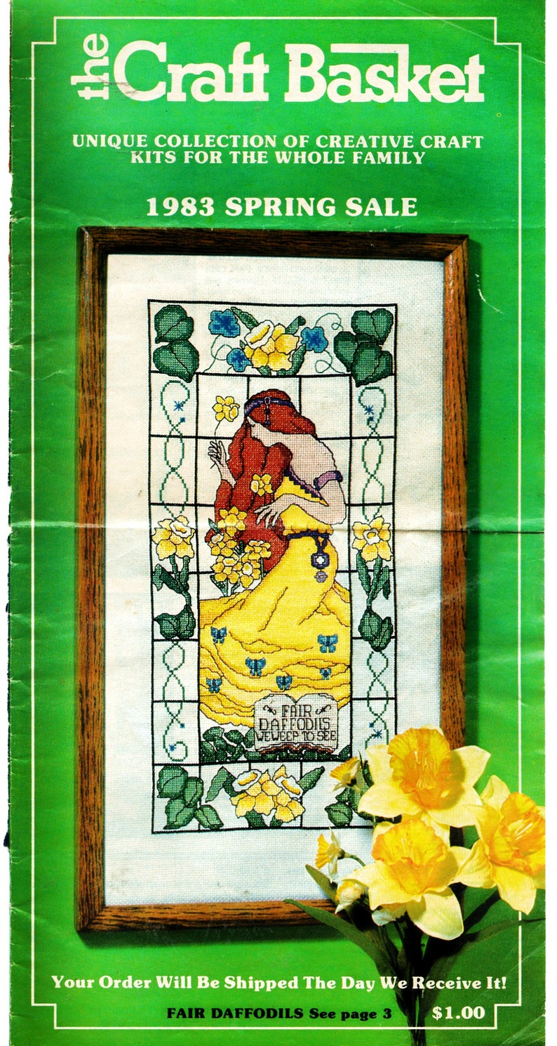Stunning Vintage Craft Basket ART DECO Cross Stitch Kit Fair Daffodils