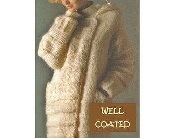 Digital Download Retro Knit Duffle Coat with Hood Pattern- Thigh Length Cozy Comfort Knitted Coat PDF Knitting Pattern Knitting Supplies