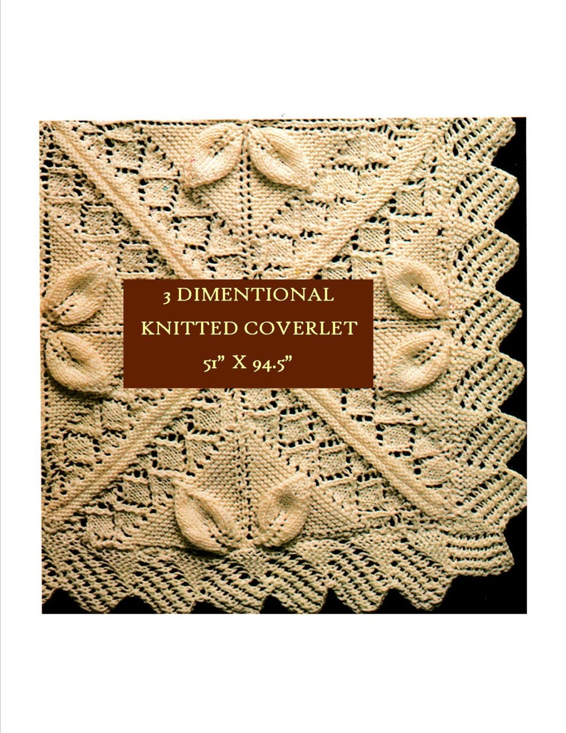 May include: A close-up of a beige knitted blanket with a 3-dimensional design. The blanket has a square shape with a border of leaves. The text "3 DIMENSIONAL KNITTED COVERLET 51" X 94.5" is printed on a brown rectangle in the center of the blanket.
