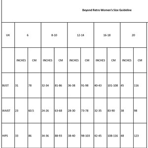 May include: Size chart for women's clothing in inches and centimeters. The chart shows UK sizes, bust, waist, and hip measurements.