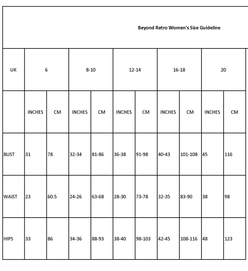 May include: Size chart for women's clothing in inches and centimeters. The chart shows UK sizes, bust, waist, and hip measurements.