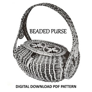 May include: A black and white illustration of a beaded purse with a handle. The purse is made of pine needles and beads. The text "BEADED PURSE" is written above the purse. The text "PINE NEEDLE CRAFTS REVIVAL" is written at the top of the image. The text "DIGITAL DOWNLOAD PDF PATTERN" is written at the bottom of the image.