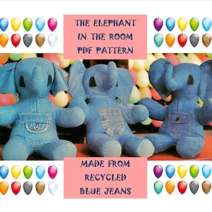 Digital Download Adorable Recycled Blue Jean Stuffed Elephant Pattern - Vintage Stuffed Animal PDF Pattern Sewing Supplies Craft Supplies